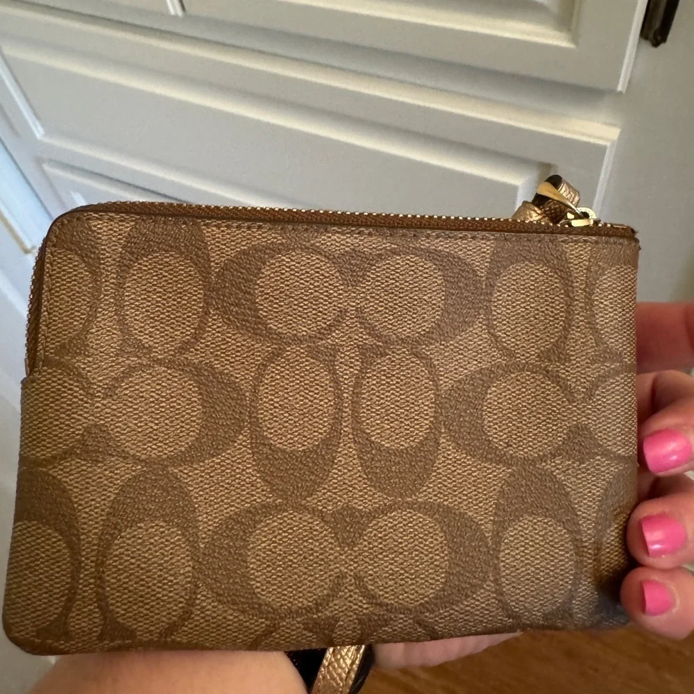 COACH Coated Canvas & Leather Corner Zip Wristlet in Khaki & Gold